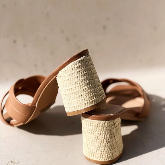 NEW Multi Crisscross Straps Natural Raffia Oval Block Heel Slip On Slide Sandals - Picture 4 of 14